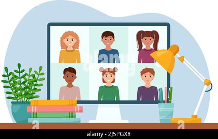 E-Learning Online-Bildungskonzept. Chatten Sie online. Zu Hause studieren, Vektorgrafik Stock Vektor