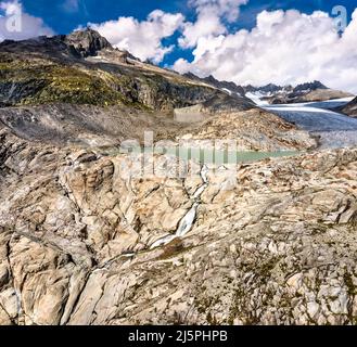 Der Rhonegletscher, die Quelle der Rhone am Furkapass in den Schweizer Alpen Stockfoto