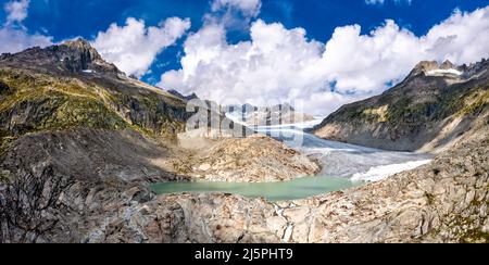 Der Rhonegletscher, die Quelle der Rhone am Furkapass in den Schweizer Alpen Stockfoto