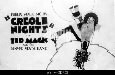 Handgemalte Ausstellung um 1930 für Publix Stage Show CREOLE NIGHTS mit TED Mack und der Denver Stage Band Live Prolog mit Artwork von Harold E. Nelson für Paramount Publix Movie Theatres Stockfoto