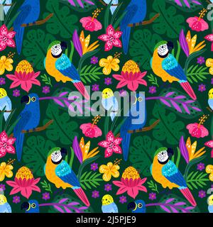 Nahtlose exotische Vögel. Tropische, helle Papageien. Palmblätter. Dschungelblumen. Trendige Tapete. Regenwaldbewohner. Floraler Hintergrund. Wald Stock Vektor