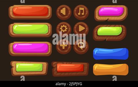 Schaltflächen des Bedienfelds. Gaming-Zeichen, Taste Cartoon für Spiel-Schnittstelle. Holzbretter, Web-Panel-Menü Design-Elemente. Farbenfrohes strukturiertes Vektor-Set Stock Vektor