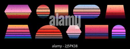 Sonnenuntergang im Retro-Stil. Vintage california Sunrise Logo. 90s 80s farbenfrohe, strukturierte Kunstabzeichen. Grunge Surfen Sommer Ozeandrucke, gestreifte Sonne schwüle Vektor Stock Vektor