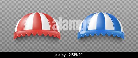 3D realistisches Vektor-Icon-Set. Rote und blaue Baldachin für Restaurants und Café Markise, Pop-up-Shop. Stock Vektor
