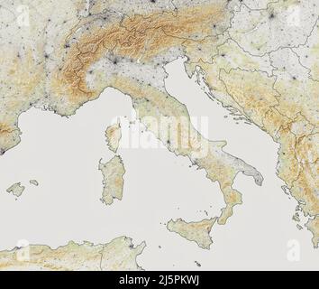 Karte von Italien, Satellitenansicht und Reliefs. Nachbarländer. Karte. Städte und Straßen. Südeuropa. 3D Rendern. Nasa Stockfoto