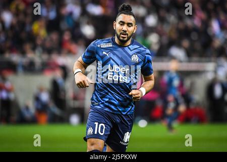 Reims, Frankreich, Frankreich. 24. April 2022. Dimitri PAYET aus Marseille während des Ligue 1-Spiels zwischen Stade Reims und Olympique de Marseille (OM) im Auguste Delaune-Stadion am 24. April 2022 in Reims, Frankreich. (Bild: © Matthieu Mirville/ZUMA Press Wire) Stockfoto