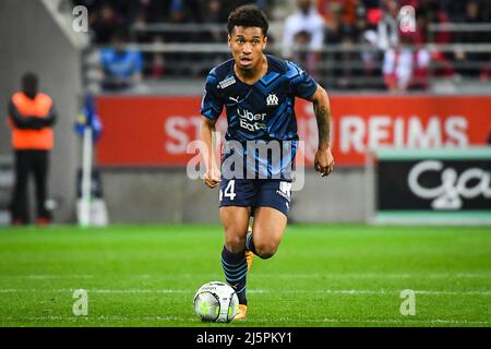 Reims, Frankreich, Frankreich. 24. April 2022. Boubacar KAMARA aus Marseille während des Ligue 1-Spiels zwischen Stade de Reims und Olympique de Marseille (OM) im Auguste Delaune-Stadion am 24. April 2022 in Reims, Frankreich. (Bild: © Matthieu Mirville/ZUMA Press Wire) Stockfoto