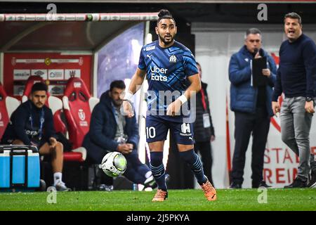 Reims, Frankreich, Frankreich. 24. April 2022. Dimitri PAYET aus Marseille während des Ligue 1-Spiels zwischen Stade Reims und Olympique de Marseille (OM) im Auguste Delaune-Stadion am 24. April 2022 in Reims, Frankreich. (Bild: © Matthieu Mirville/ZUMA Press Wire) Stockfoto