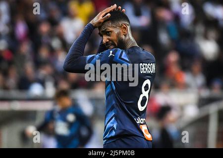 Reims, Frankreich, Frankreich. 24. April 2022. Gerson von Marseille sieht am 24. April 2022 im französischen Reims im Stadion Auguste Delaune beim Ligue 1-Spiel zwischen Stade Reims und Olympique de Marseille (OM) niedergeschlagen aus. (Bild: © Matthieu Mirville/ZUMA Press Wire) Stockfoto