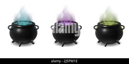3D realistisches Symbol. Schwarze Hexenkessel am Lagerfeuer mit Holz, innen magischer, grün, lila, blauer Trank. Isoliert auf weißem Hintergrund. Stock Vektor