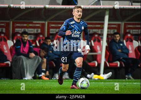 Reims, Frankreich, Frankreich. 24. April 2022. Valentin RONGIER von Marseille während des Ligue 1-Spiels zwischen Stade de Reims und Olympique de Marseille (OM) im Auguste Delaune-Stadion am 24. April 2022 in Reims, Frankreich. (Bild: © Matthieu Mirville/ZUMA Press Wire) Stockfoto