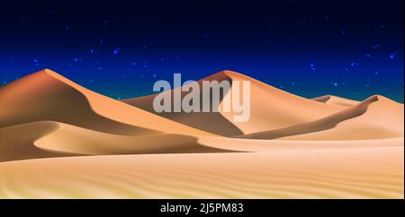 3D realistischer Hintergrund von Sanddünen in der Nacht. Wüstenlandschaft mit dunkelblauem Himmel. Stock Vektor