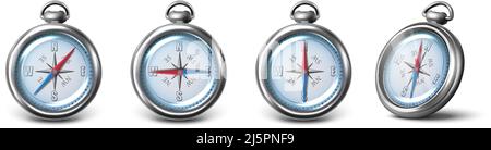 3D realistisches Symbol. Sammlung von altmodischen Kompass mit Richtungen von Nord, Ost, Süd, West. Navigationskartografie. Stock Vektor