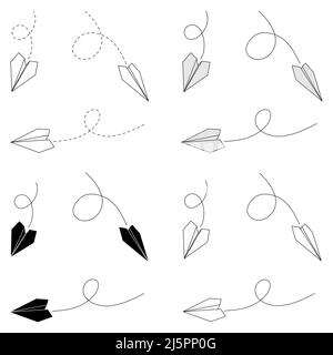Satz aus drei Arten von Vektorgrafiken von Symbolen der Papierebene. Skizzieren Sie einfache, Silhouette und Farbe Papier Flugzeug isoliert auf weißem Hintergrund. Symbol s Stock Vektor