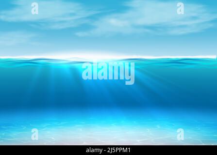 3D realistischer Hintergrund. Unterwassermeer mit Sonnenstrahlen. Sea Side Konzept mit welliger Wasseroberfläche Stock Vektor