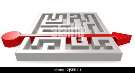 Roter Pfeil durch Labyrinth isoliert, 3D Rendering Stockfoto