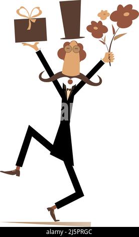 Cartoon-Mann in der Hut mit den Händen nach oben halten Blumen und eine Geschenk-Box isoliert auf weißem Hintergrund Stock Vektor