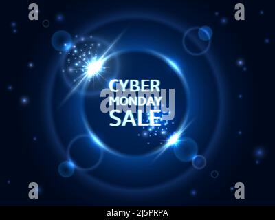 Poster mit Lichtrampe. Realistische funkelnde Lichter mit Rabatttext. Werbeverkauf für Cyber Monday. Zirkularer Leuchteffekt. Leuchtendes Blinken. Strahlen Stock Vektor