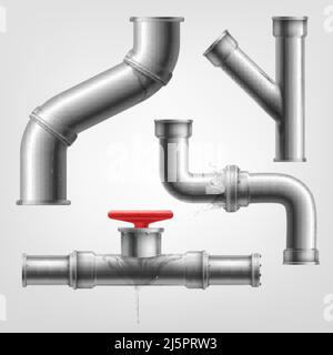 Realistische undichte Rohre. Isolierte Küchenrohr Leckage, gebrochene Rohrleitungen undicht, Rohr Rissablauf beschädigt Pipeline, Nass-Ventil-Kommunikation, ordentlich Vektor-Illustration. Metallrohrlecks Stock Vektor