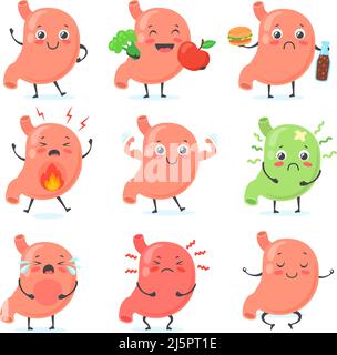 Maskottchen des Magens. Magenschmerzen medizinischen Charakter nettes Gesicht gesunden Bauch, weinend Magenschmerzen Ulcera Darm glücklich starken Bauch ungesunde Ernährung, Medizin Vektor Illustration. Magenorgan Mensch Stock Vektor