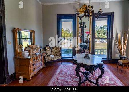 Das Innere des Rabb Mansion Plantagenhauses für die Rabb Plantation und jetzt das Besucherzentrum für Sabal Palm Sanctuary, Brownsville, Texas. Stockfoto