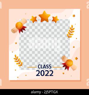 Graduation Square Social Media-Vorlage mit leerem Platz für Studentenfotos. Vektor-Layout Grußdesign mit goldenen Sternen, Scrips mit Medaille und Ästen. Stock Vektor