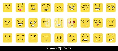 Cartoon nette und lustige Gesichter mit positiven und negativen Emotionen. Comic-Karikaturfiguren mit Augen und Mund. Handgezeichnetes Mimik-Set. Stock Vektor
