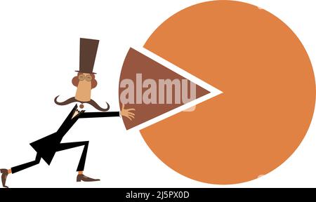 Business Person – das letzte Stück des Marktanteils – Tortendiagramm. Eine Geschäftsperson schiebt ein letztes Stück in die richtige Position, um ein Erfolgsdiagramm für den Marktanteil zu erstellen Stock Vektor