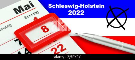 Deutsche Landtagswahl in Schleswig-Holstein 2022 Sonntag, 8. Mai mit Flagge und Kalender Stockfoto