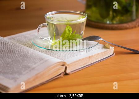 Minztee in durchsichtigem Glas Teetasse auf geöffnetem Buch. Stockfoto