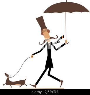 Lustige lange Schnurrbart mit Regenschirm und Hund Illustration. Cartoon langer Schnurrbart Mann in der Spitze mit Regenschirm zu Fuß mit einem Hund isoliert auf weiß Stock Vektor