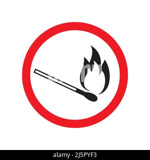 Vektor flache schwarze Umrisse brennenden Match in roten Kreis isoliert auf weißem Hintergrund. Schild „Feuer verboten“ Stock Vektor