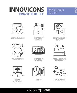 Katastrophenhilfe und Notfall - Liniendesign Stil Symbole gesetzt Stock Vektor