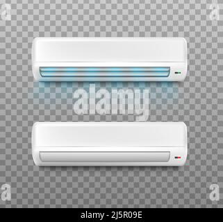 Realistisches Vektorsymbol gesetzt. Klimaanlage mit und ohne kühle Luftwellen auf transparentem Hintergrund. Stock Vektor