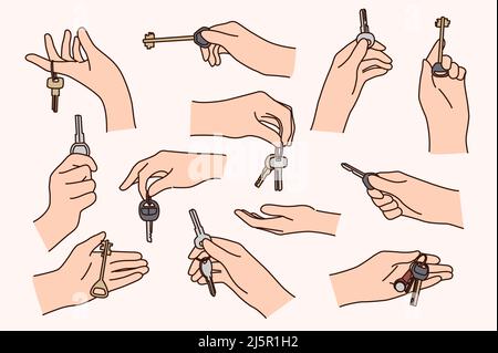 Satz von Menschen Hände halten Schlüssel zu neuen Wohnung oder Auto. Sammlung von Person Besitzer feiern Besitz. Eigentumskonzept. Vermietung und immobilie. Vektorgrafik. Stock Vektor