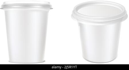 Realistisches Vektorsymbol gesetzt. Molkereijoghurt-Mockup. Weiße saure Creme Plastikbox mit Deckel. Seiten- und Draufsicht. Isoliert auf weißem Hintergrund. Stock Vektor