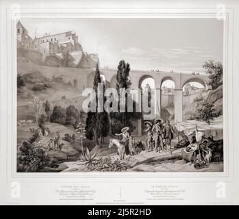 Brücke in der Nähe von Cuenca, Spanien. Nach einem Werk von Karl Wilhelm von Heideck aus dem 19.. Jahrhundert, gestochen von Johann Woelfle. Stockfoto