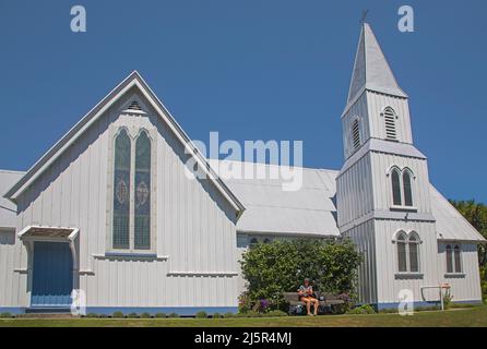 Neuseeland, Akarua - St. Peter's Anglican Church (erbaut um 1864) -Akaroa ist eine kleine Stadt auf der Banks Peninsula in der Canterbury Region des Südens ist Stockfoto