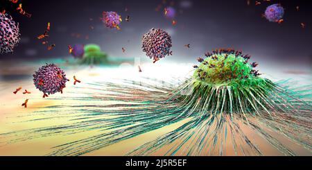 Lymphozytenzelle im Immunsystem reagiert und greift eine sich ausbreitende Krebszelle an - 3D Illustration Stockfoto