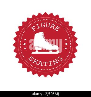 Vektor flach rot Retro rund Logo mit Figur Schlittschuhe Silhouette isoliert auf weißem Hintergrund Stock Vektor
