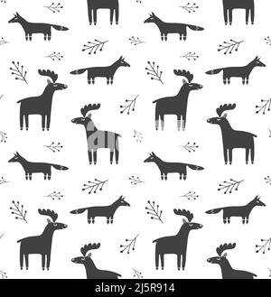 Vektor nahtlose Muster von schwarzen skandinavischen handgezeichneten Doodle Skizze Fuchs und Hirsch Tiere auf weißem Hintergrund isoliert Stock Vektor