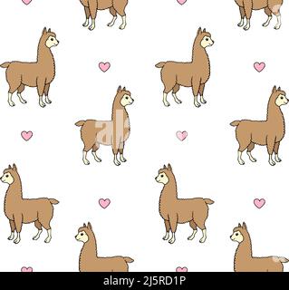 Vektor nahtlose Muster von farbigen handgezeichneten Doodle Skizze Lama Alpaka und Herzen isoliert auf weißem Hintergrund Stock Vektor