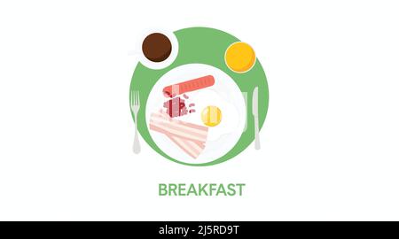 Frühstücksikone oder -Schild, mit Spiegelei, Wurst, Speck, Bohnen, Saft, Kaffee, Gabel, Messer und Teller Stock Vektor