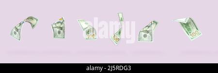 Satz fliegender hundert-Dollar-Scheine auf pastellfarbenem Hintergrund. Fliegen der US-Dollar-Banknote auf rosa pastellfarbenem Hintergrund. Investitions- und Sparkonzept Stockfoto