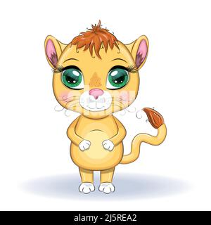 Cartoon-Löwin mit ausdrucksstarken Augen. Wilde Tiere, Charakter, kindisch niedlichen Stil Stock Vektor