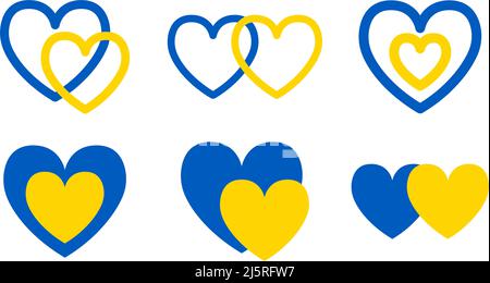 Ukraine Herzen Vektor Illustration Sammlung. Stand mit Ukraine Set. Ukrainische Flagge blau und gelb Farben Textur. Liebe für die Ukraine. Stock Vektor