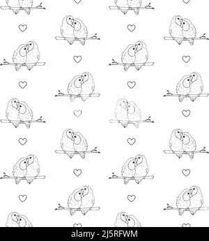 Vektor nahtloses Muster von Hand gezeichneten Doodle Skizze Lovebirds Papageien Paar isoliert auf weißem Hintergrund Stock Vektor