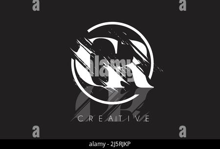 Weißes GR-Logo mit Vintage-Grundge-Schliff. Vektor Des Symbols „Destroyed Drawing Elegant Letter“. Stock Vektor