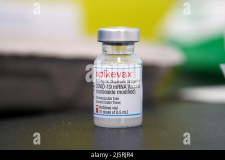 London, Großbritannien. 22. April 2022. Ein Vail, der Spikevax COVID-19-Impfstoff in einer Impfklinik enthält. Kredit: SOPA Images Limited/Alamy Live Nachrichten Stockfoto