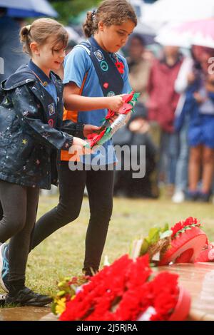 Brisbane, Australien. 25. April 2022. Die Kinder legten während des Morgendienstes Kränze nieder. Die RSL-Zweigstelle Holland Park-Mount Gravatt organisierte am Montag, dem 25. April 2022, einen lokalen ANZAC Day-marsch und einen Gottesdienst zum Gedenken an Mitglieder der australischen und neuseeländischen bewaffneten Dienste. Der ANZAC (Australien New Zealand Army Corps) Day wurde erstmals am 25. April 1916 begangen, ein Jahr nach der Landung der ANZAC in Gallipoli während des Ersten Weltkriegs. Kredit: SOPA Images Limited/Alamy Live Nachrichten Stockfoto